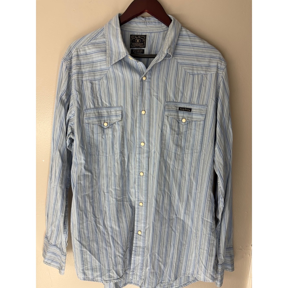 Lucky Brand Dungarees America Blue Striped Pearl Snap Western Shirt XL Mens
